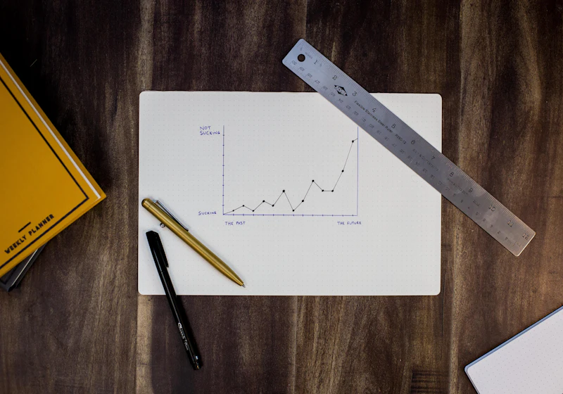 Hand-drawn line chart on paper beside a ruler and pens
