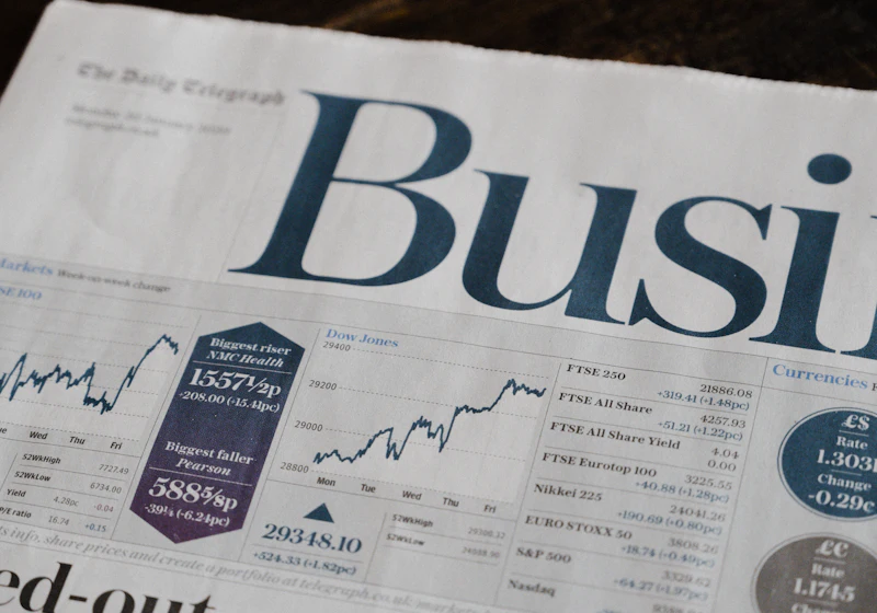 Close-up of a business newspaper with market charts