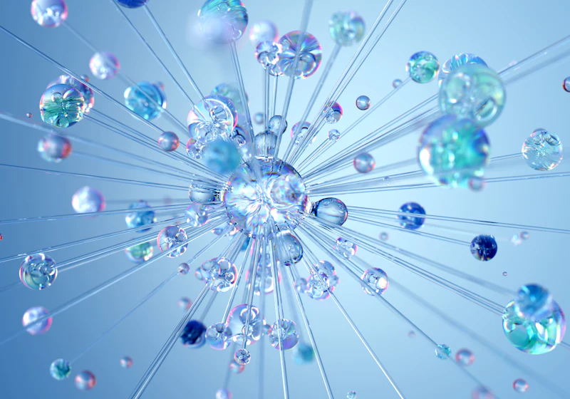 Abstract rendering of translucent spheres connected by thin rods