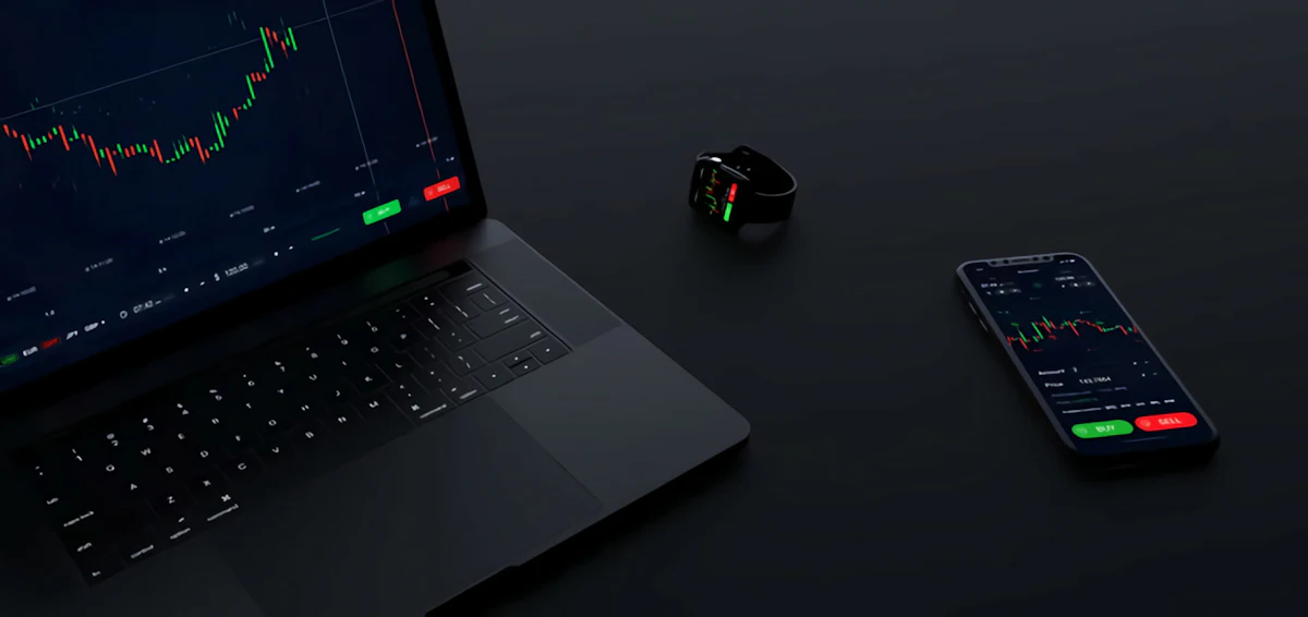 Laptop, smartwatch and phone showing live price charts on a dark desk