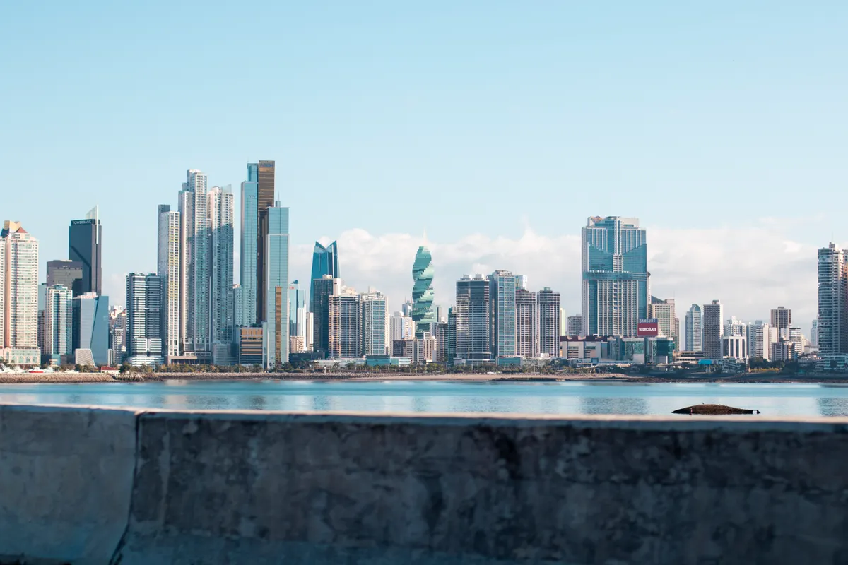 Panama City skyline seen across the bay from the waterfront