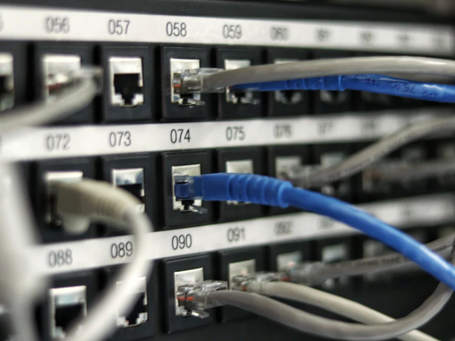 Network patch panel with labelled ports and blue cables